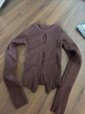 Ribbed Long Sleeve Cutout Sweater - Brown